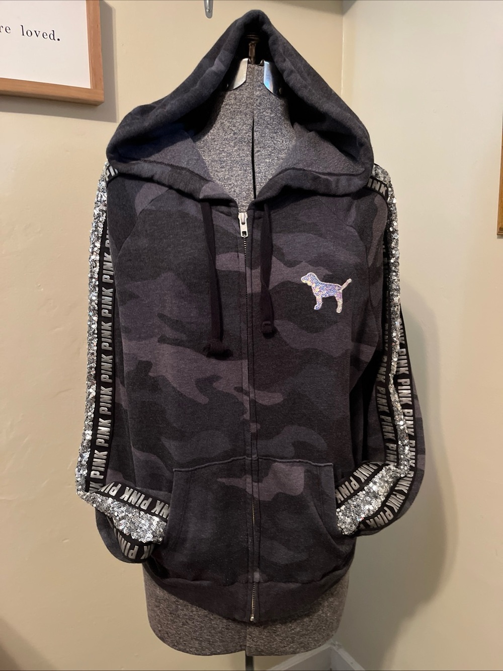 VS Victorias Secret Pink MEGA BLING Gray Camo Hoodie, Sequined, Large